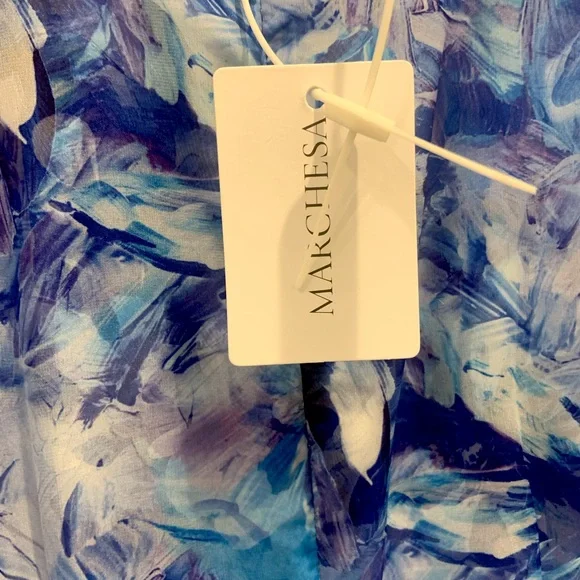 Marchesa Notte I NWT I Blue Midi Long-Sleeve Watercolor Floral Dress - Picture 5 of 6